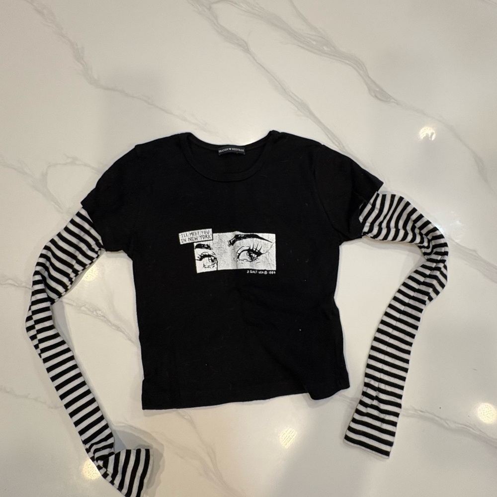 Brandy Melville Black Tee with Striped Sleeves